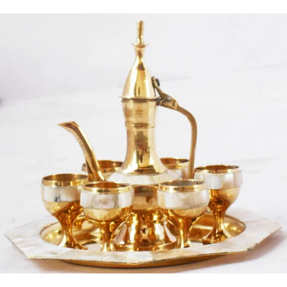 Miniature Brass Wine Set with Seep Work - 6 Glasses, 1 Surahi & 1 Tray for Kids Play