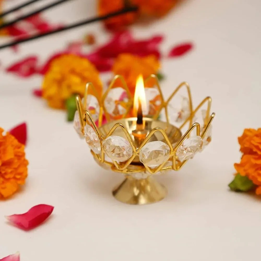 Brass Table Decor Oil Lamp Deepak With Crystal for Puja and Home Lighting