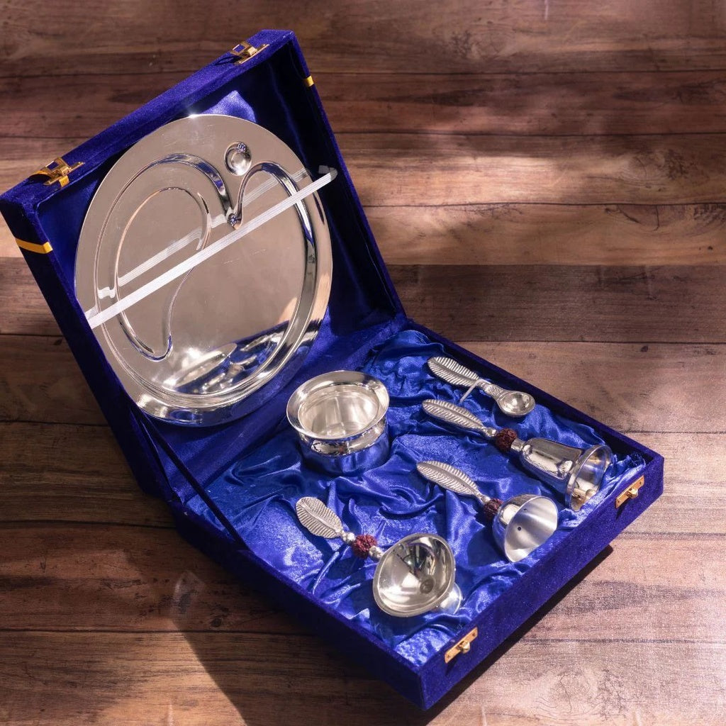 Brass Silver Plated Pooja Thaali Set (B291 S)