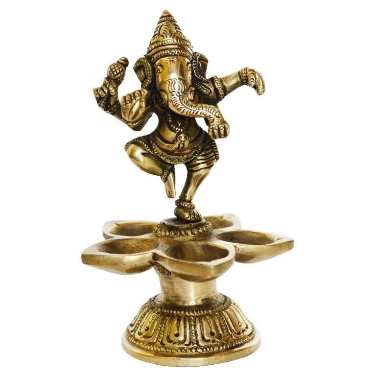 Brass Dancing Lord Ganesh Oil Lamp Deepak with 5 Wicks - Auspicious Pooja Decor