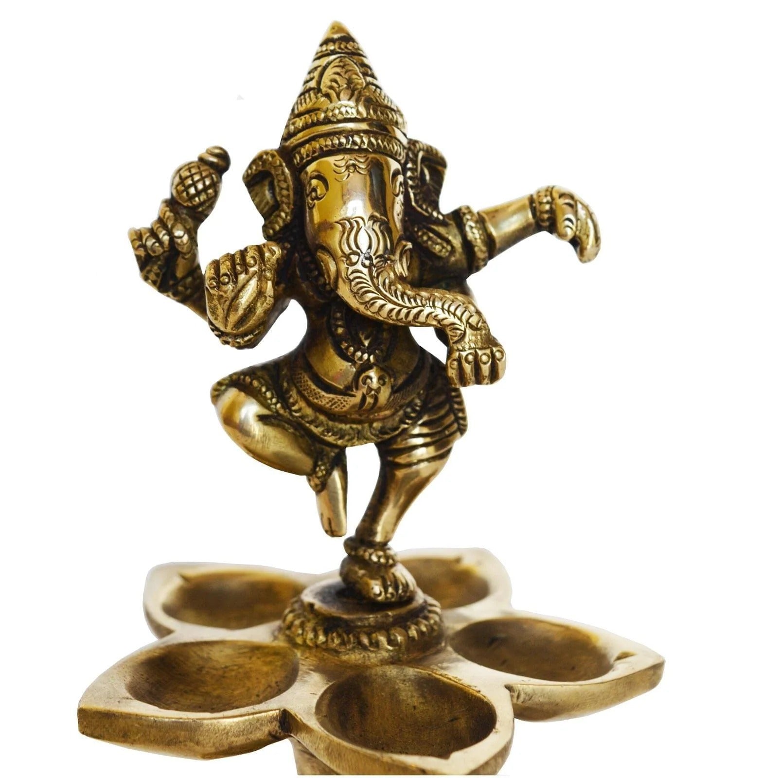 Brass Dancing Lord Ganesh Oil Lamp Deepak with 5 Wicks - Auspicious Pooja Decor