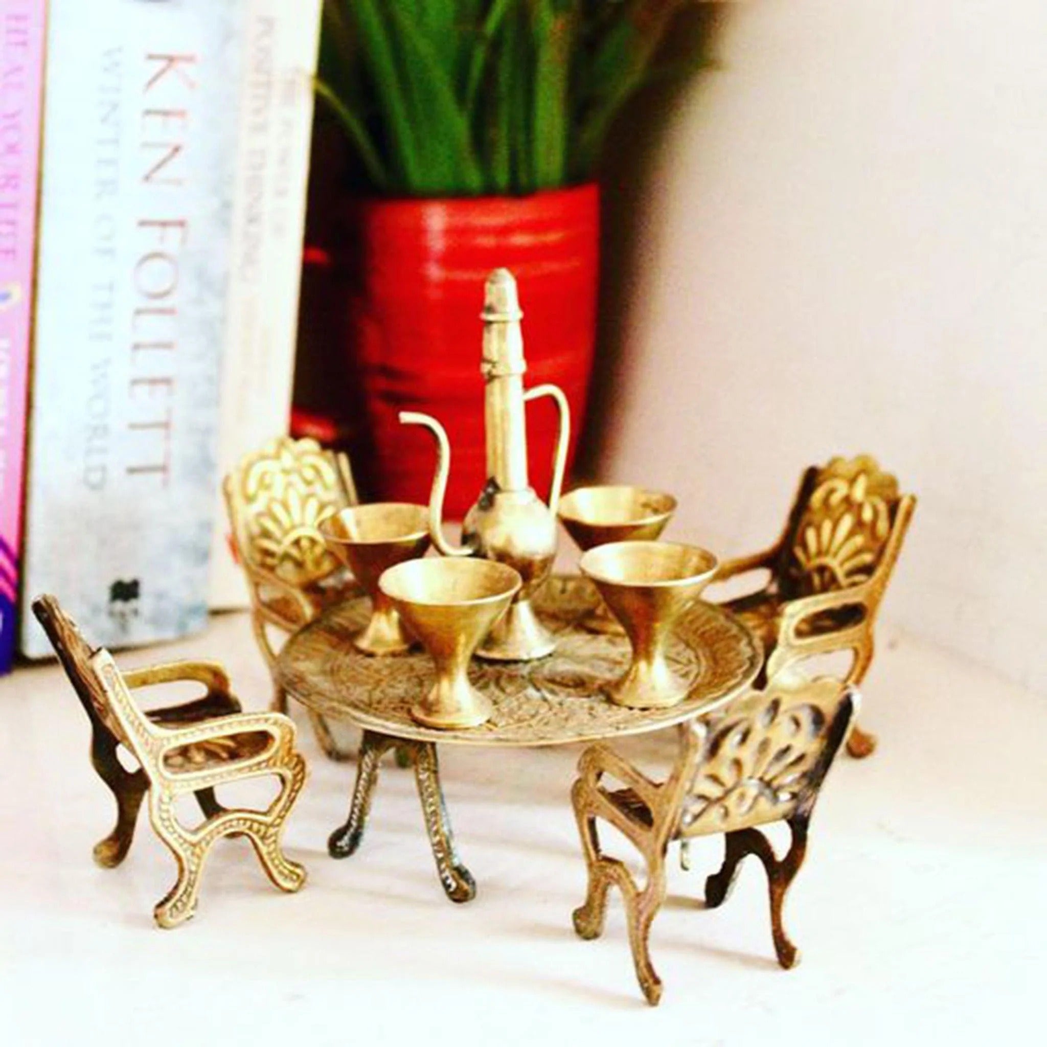 Brass Mini Dining Table Set - Handcrafted Miniature Toy for Kids and Collectors