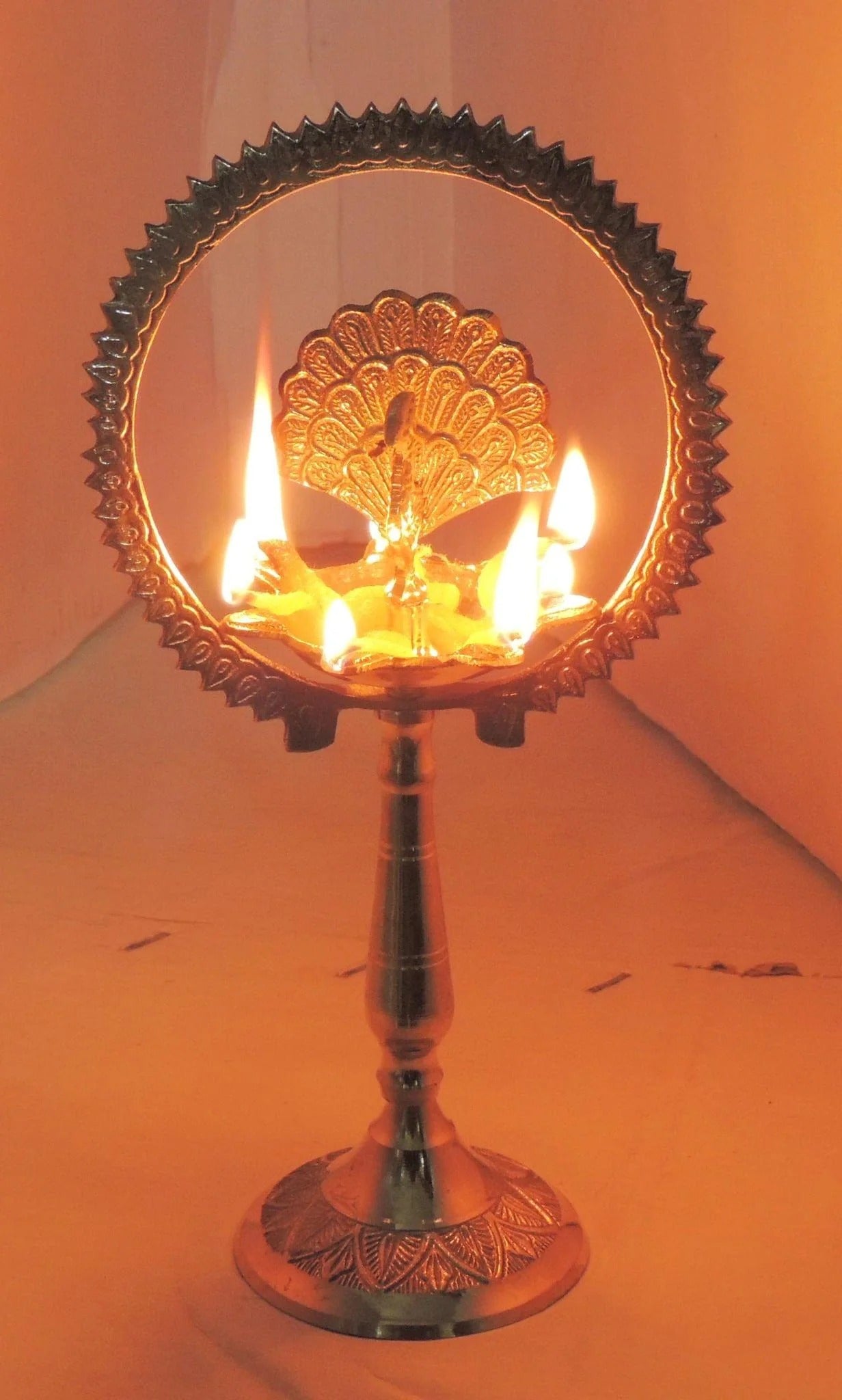 Brass Deepak More Charkar 6 - Traditional Peacock Wheel Oil Lamp for Puja