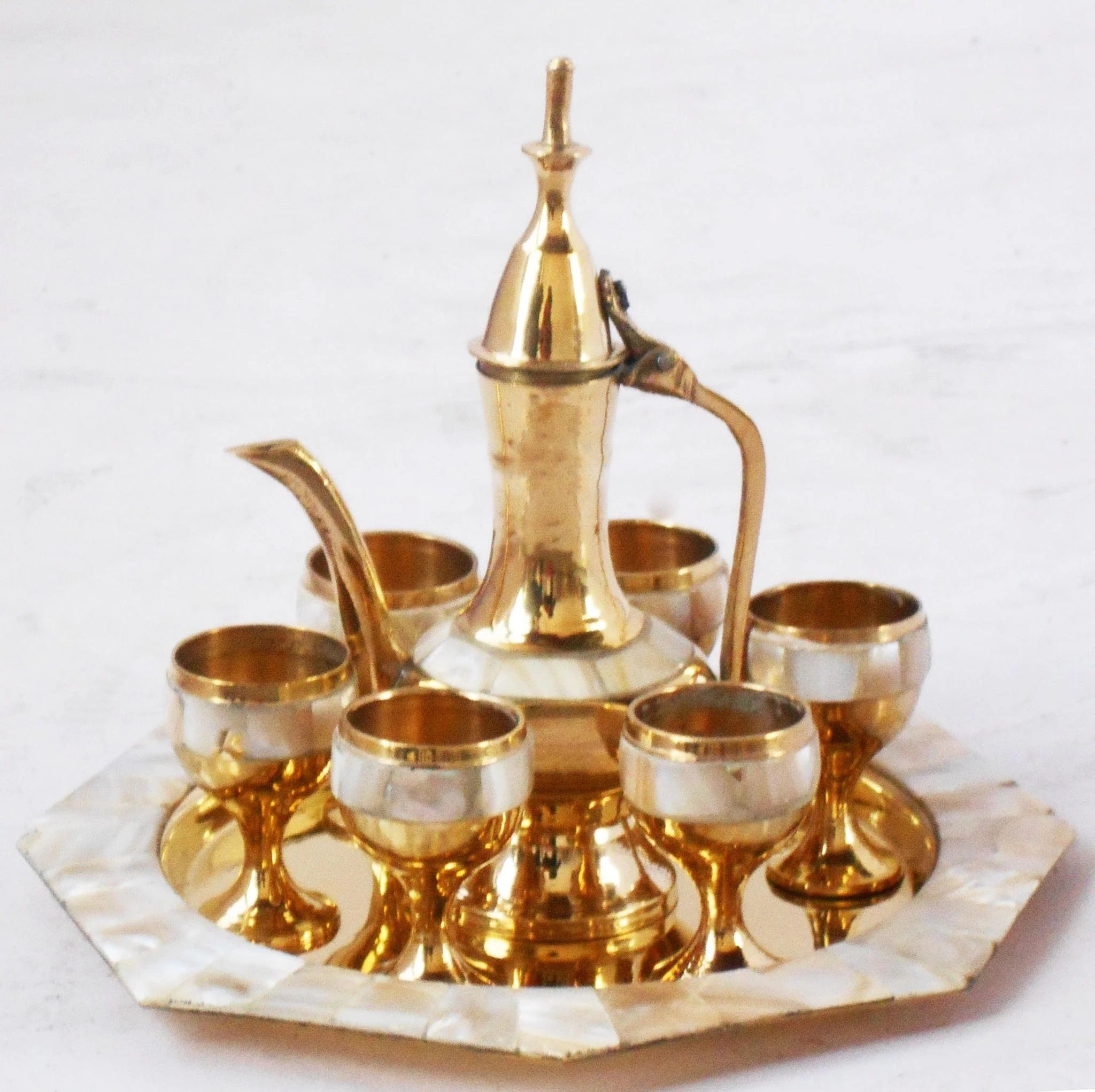 Miniature Brass Wine Set with Seep Work - 6 Glasses, 1 Surahi & 1 Tray for Kids Play